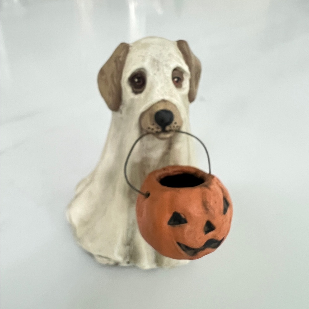 Bethany Lowe Spooky Halloween Ghost Dog with pumpkin Candy Bowl 3.5" Tall - Picture 3 of 10